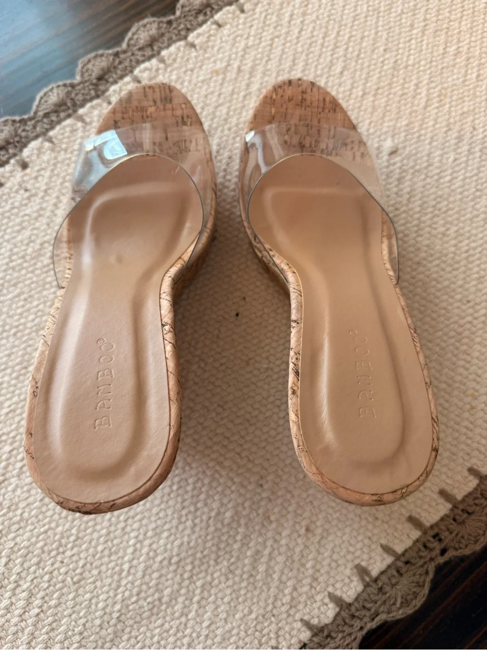 Bamboo Womens Cork Wedges with a Clear Strap Sz 10